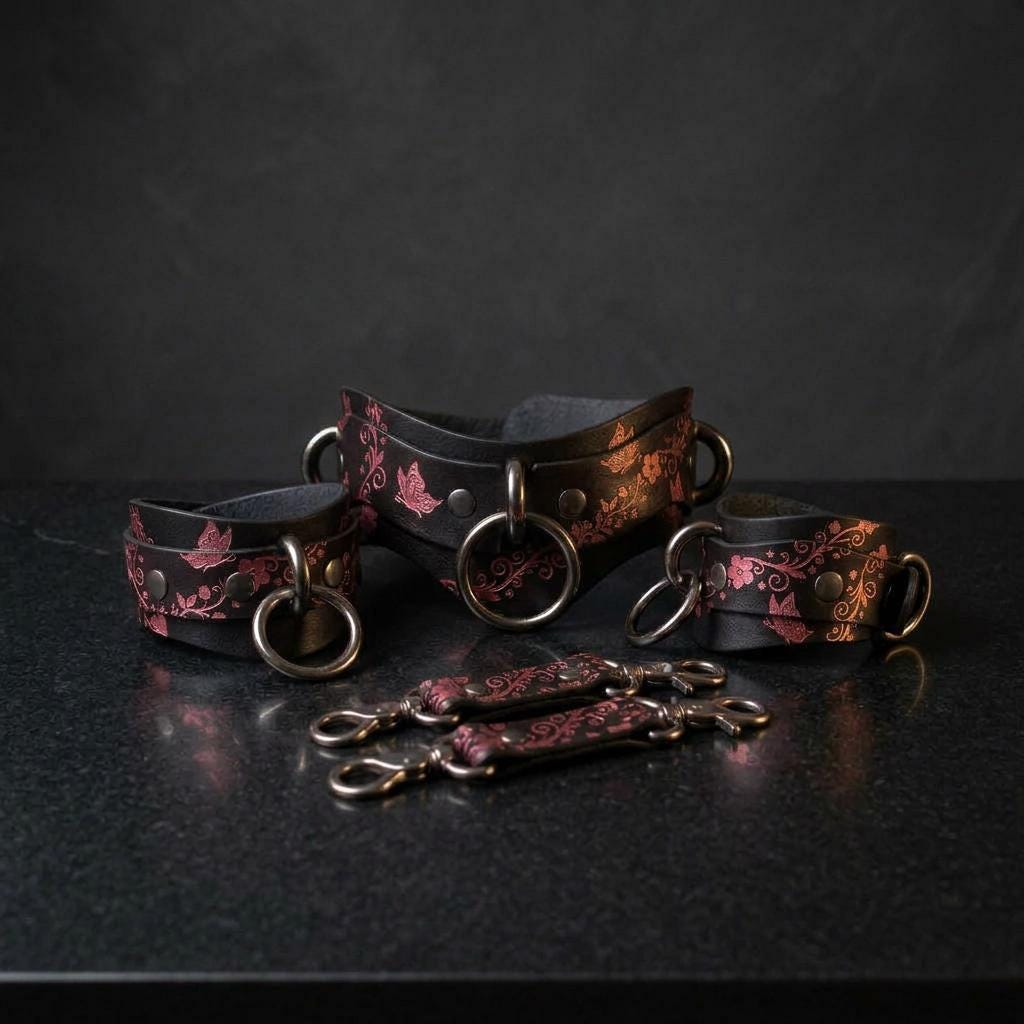 A set of leather straps with floral designs, arranged on a dark surface.