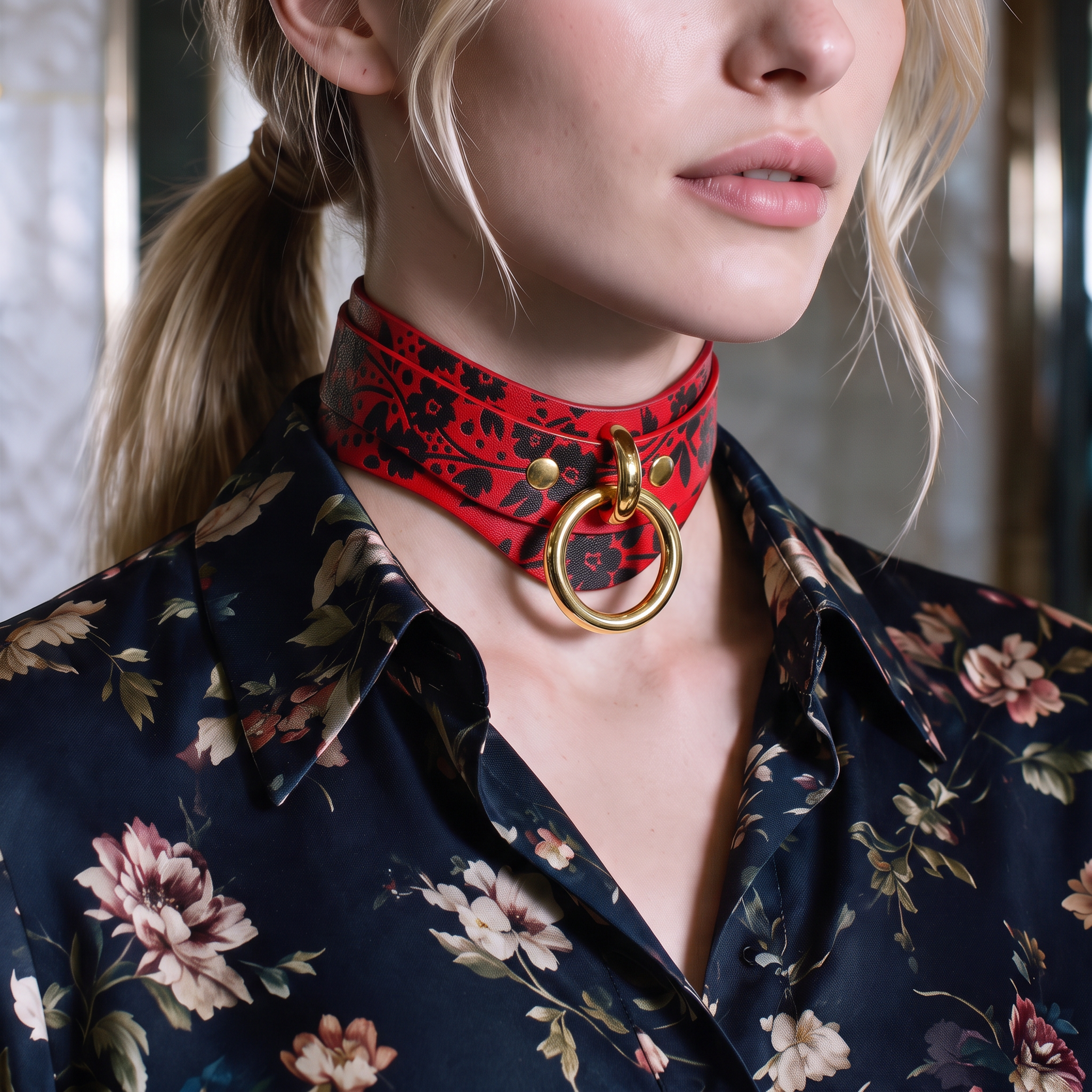 A close-up of a woman wearing a red choker necklace with a floral pattern and a gold ring on the front. She is wearing a blue floral blouse.