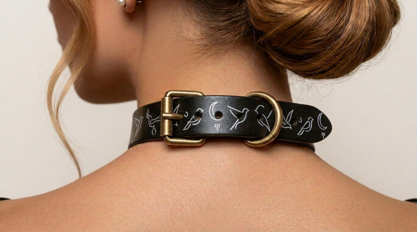 A close-up view of a woman's neck and shoulders, focusing on a black leather choker necklace with a gold buckle and a bird design.