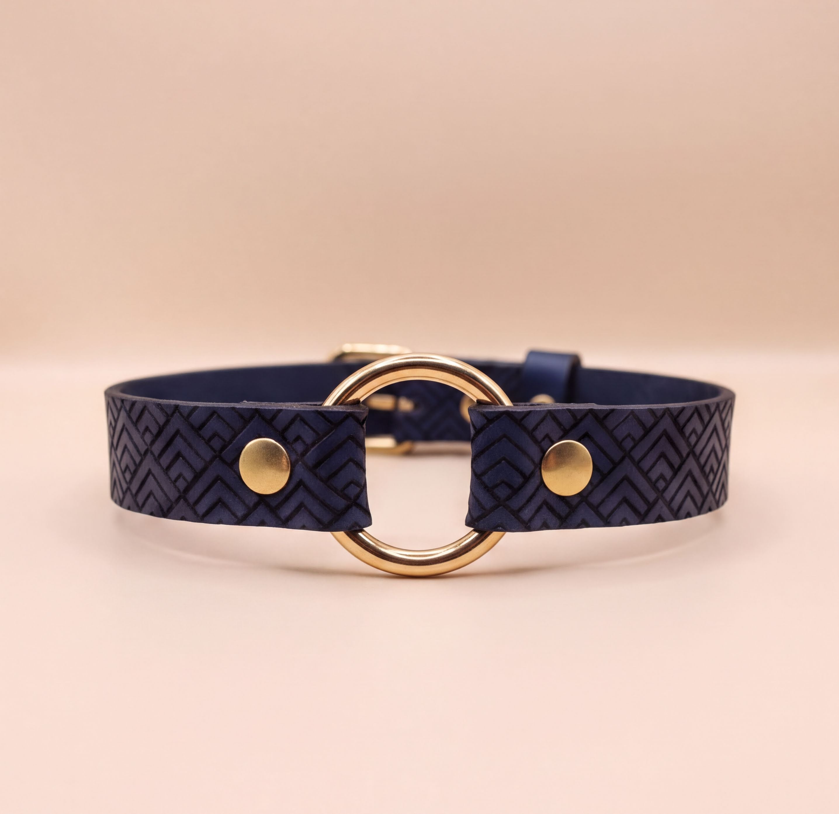 A navy blue leather choker necklace with a gold-colored circular buckle.