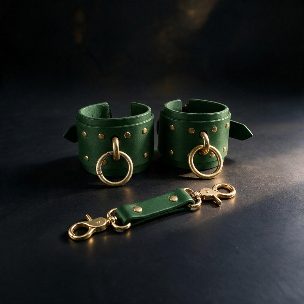 A pair of green leather cuffs with gold metal rings and a green leather strap with gold metal rings are displayed on a dark surface.