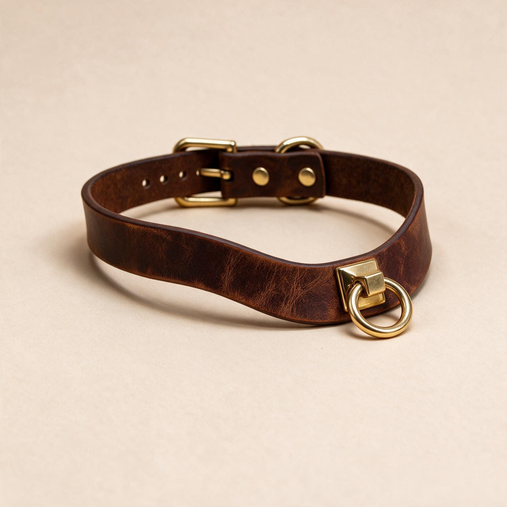 A brown leather choker collar with a gold-colored metal ring and buckle.