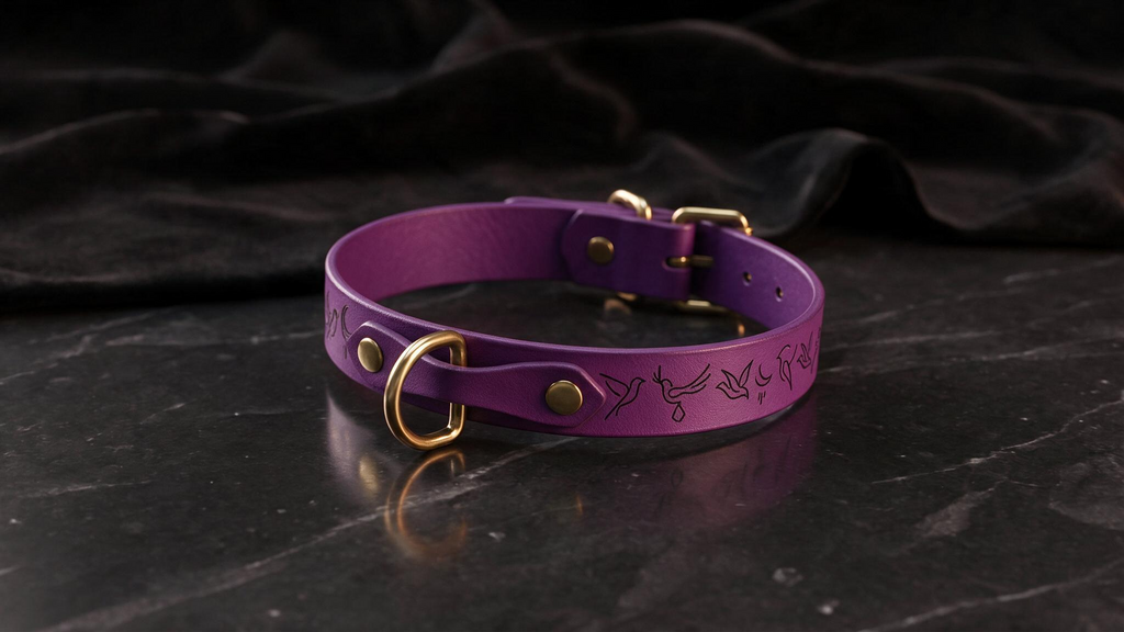 A purple leather collar with a gold buckle and a black design on the strap is displayed on a black marble surface.
