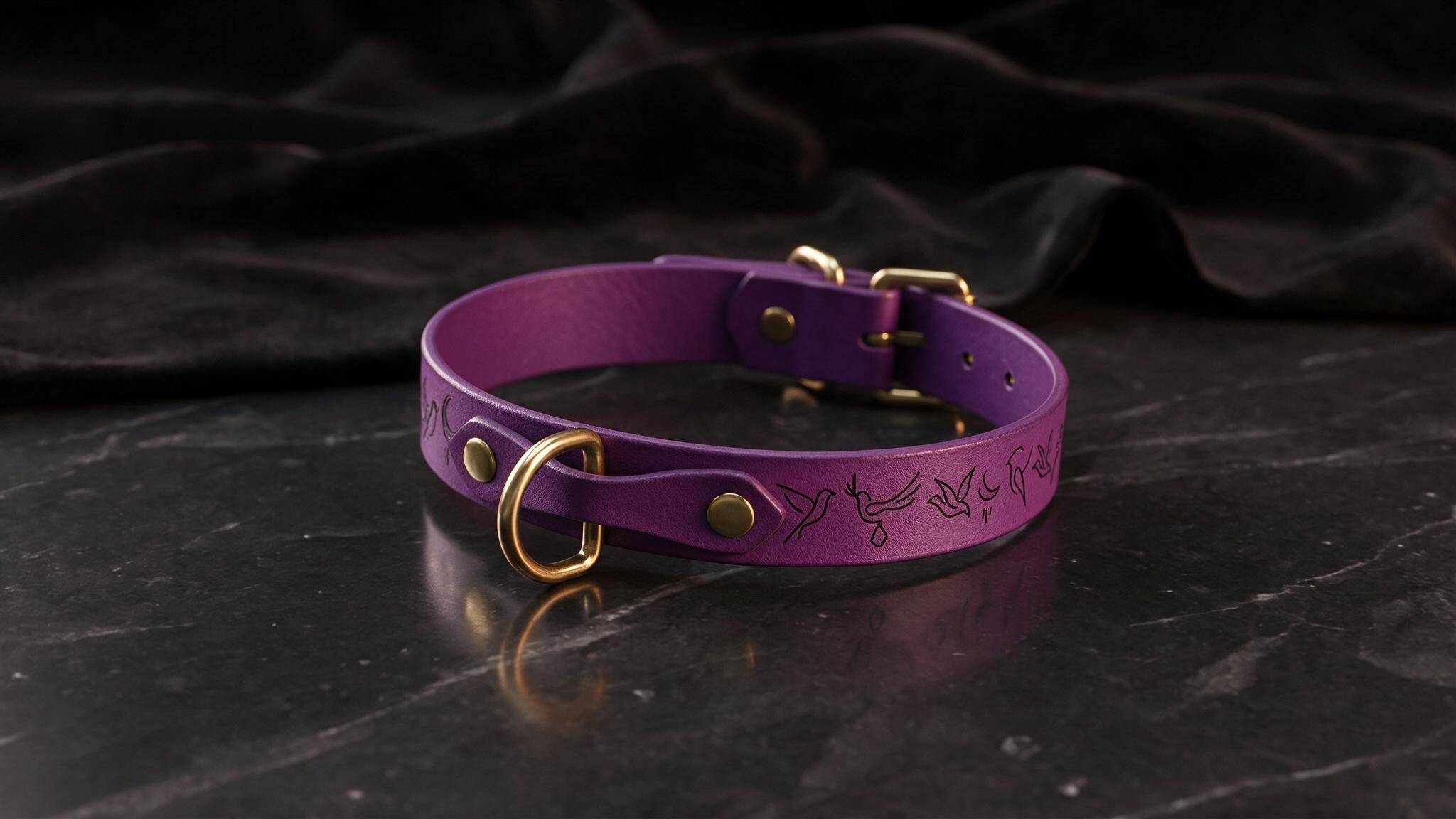 A purple leather collar with a gold buckle and a black design on the strap is displayed on a black marble surface.