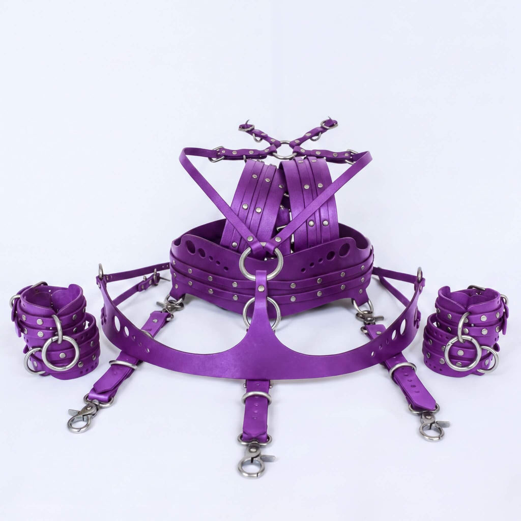 a purple leather harness with multiple straps and buckles, arranged on a white background.