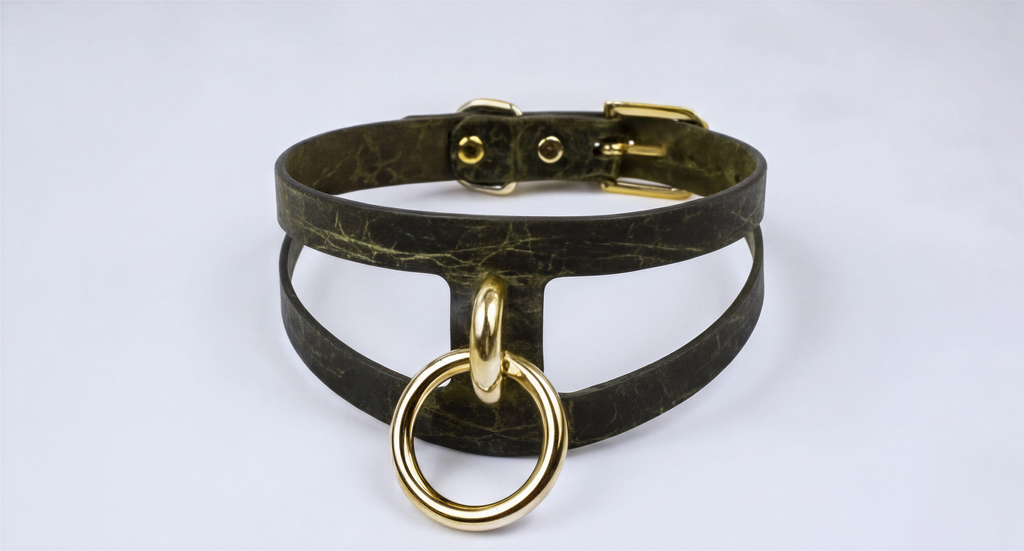 A dark green choker necklace with a gold-colored metal ring and buckle.