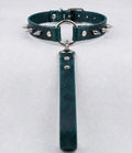 A dark green leather choker necklace with spikes and a metal clasp.
