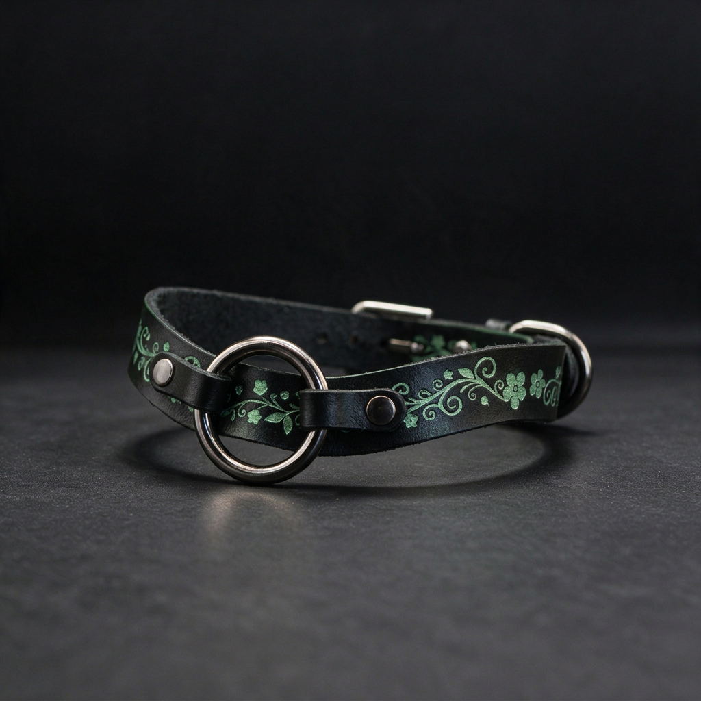 A black leather collar with a floral design and metal rings on the ends.