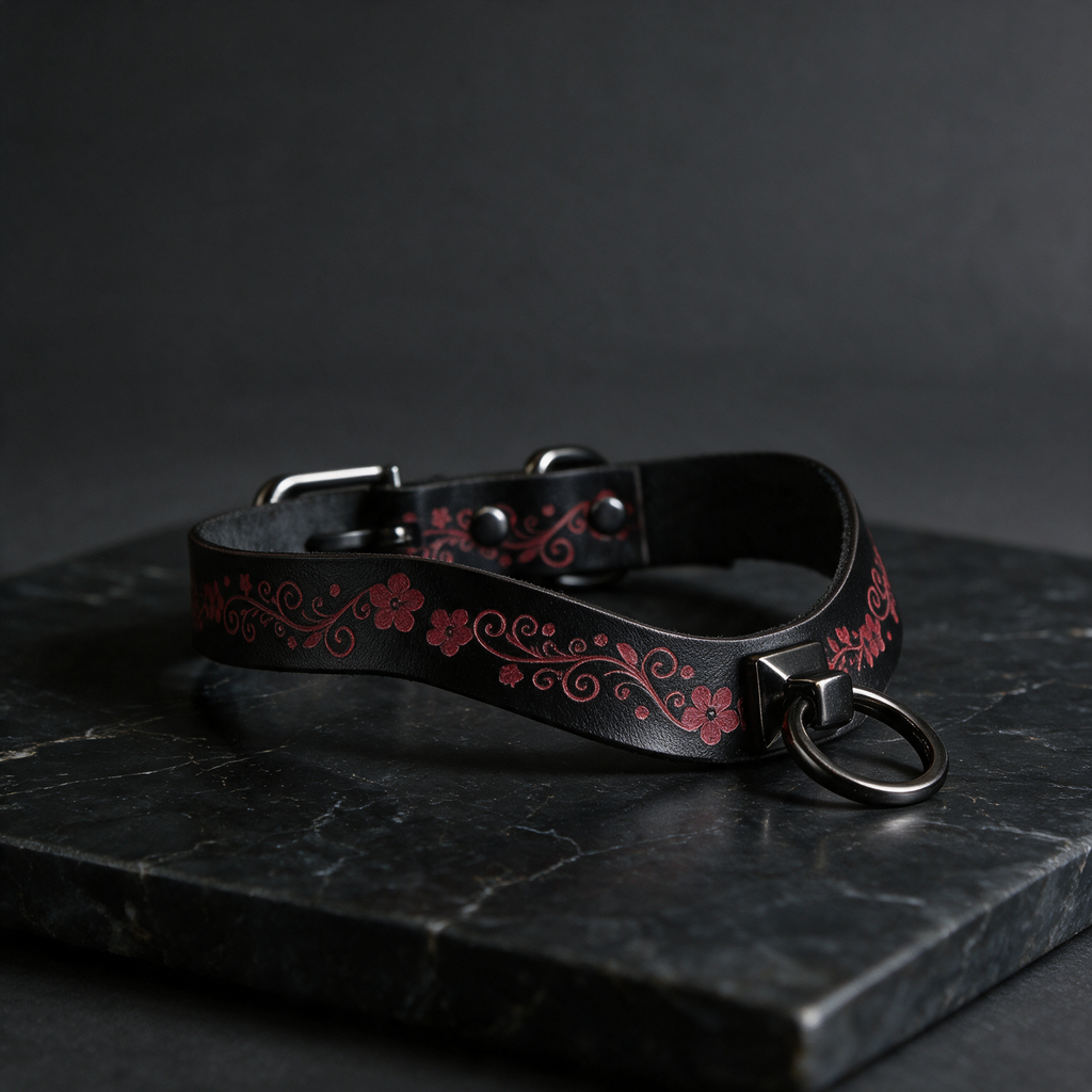 A black leather collar with a floral pattern and a metal ring on it, resting on a dark surface.