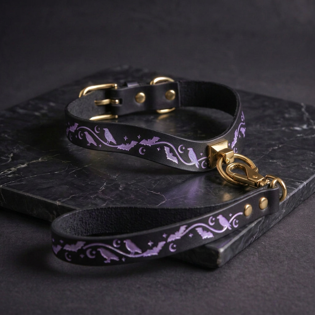 A black leather dog collar with purple bat and star designs, and a matching black leash with purple bat designs, both resting on a dark surface.