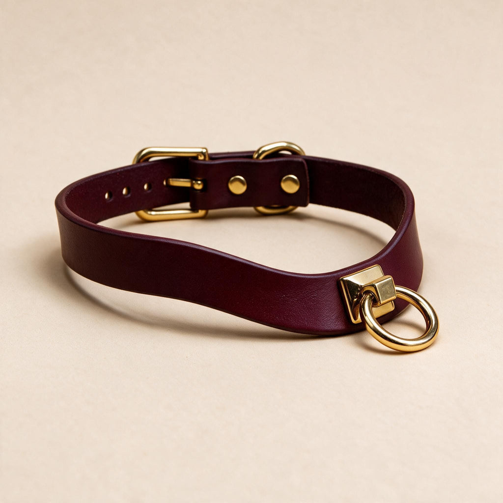 A burgundy leather choker necklace with a gold-colored metal ring and buckle.