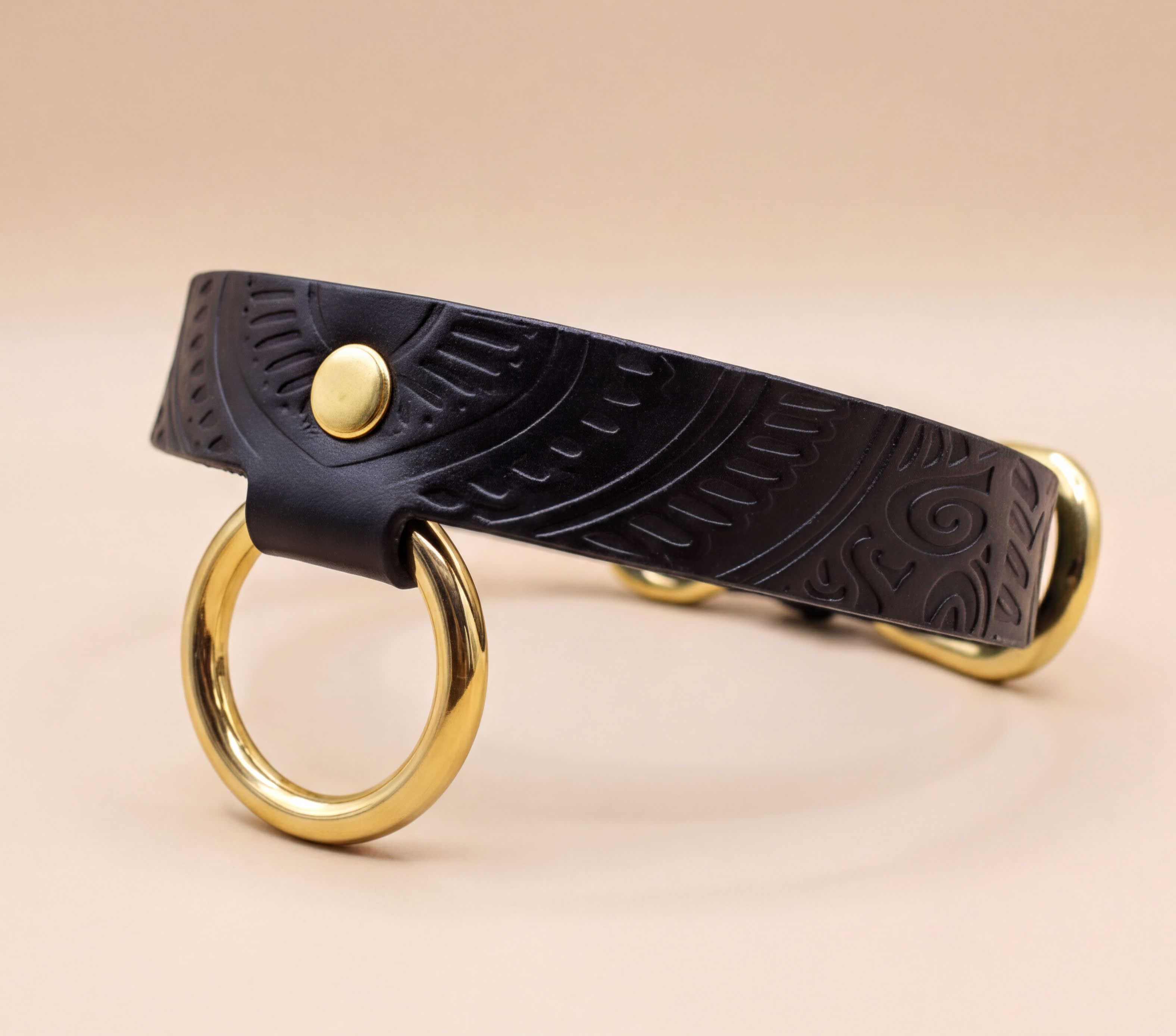A black leather choker necklace with a gold-colored ring and a gold-colored buckle.