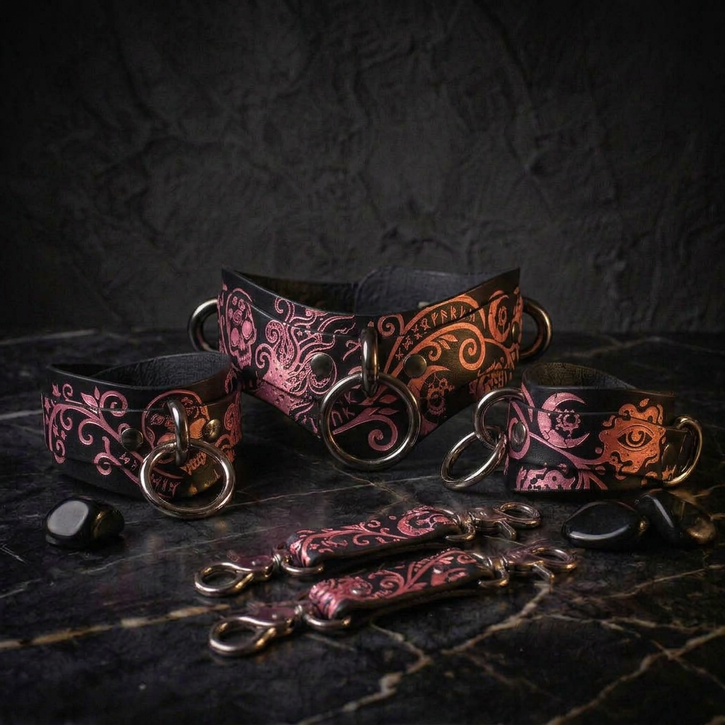 a collection of ornate leather straps and charms, including a large black leather strap with a floral pattern and several smaller straps with similar designs.