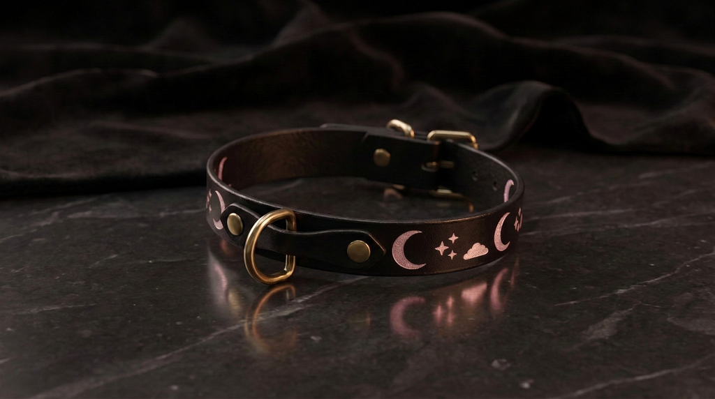 A black leather collar with a gold buckle and moon and star designs on it, resting on a dark surface.