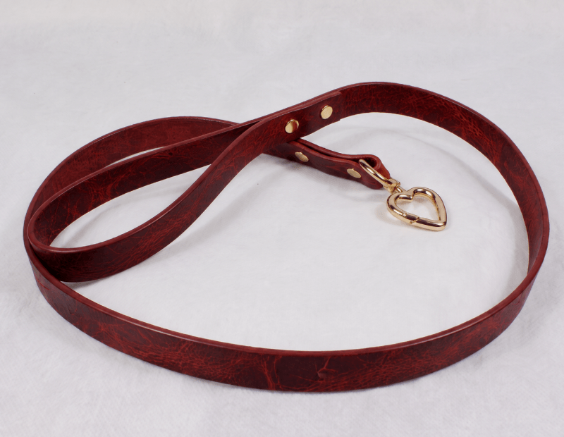 A red leather dog leash with a heart-shaped metal clasp and a gold-colored metal buckle.