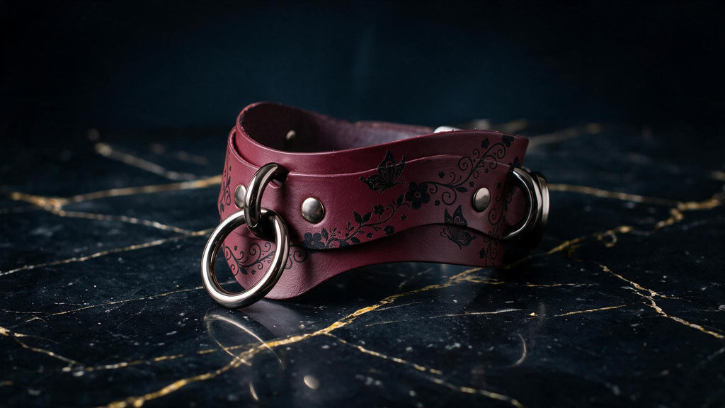 A burgundy leather choker necklace with metal rings and a floral pattern is displayed on a dark marble surface.