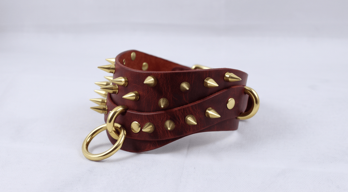 A burgundy leather collar with gold spikes and rings, displayed on a white background.