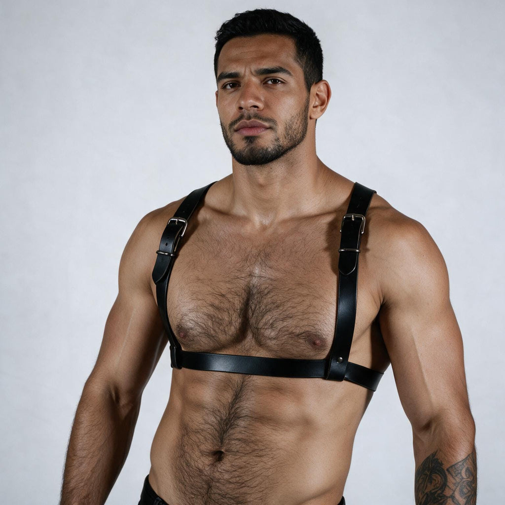 A shirtless man with a beard wearing a leather harness stands against a plain white background.