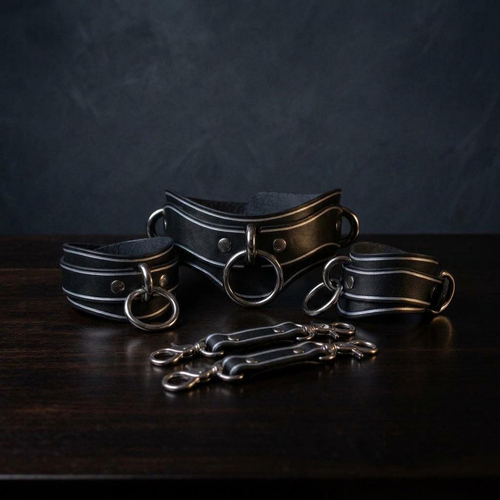 a set of black leather straps with metal rings and buckles, arranged on a dark wooden surface.