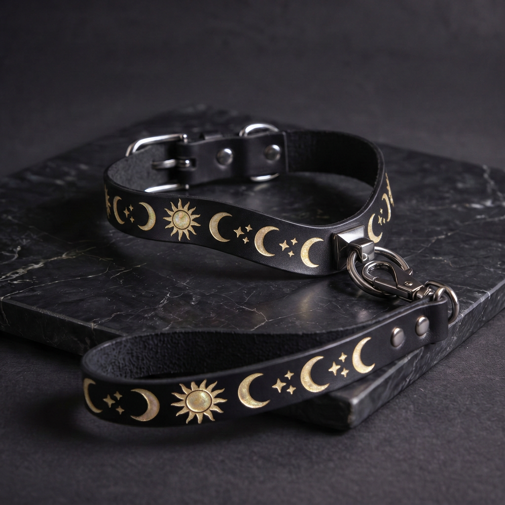 A black leather collar with gold moon and star designs, and a black leather leash with gold moon and star designs, both resting on a black marble surface.
