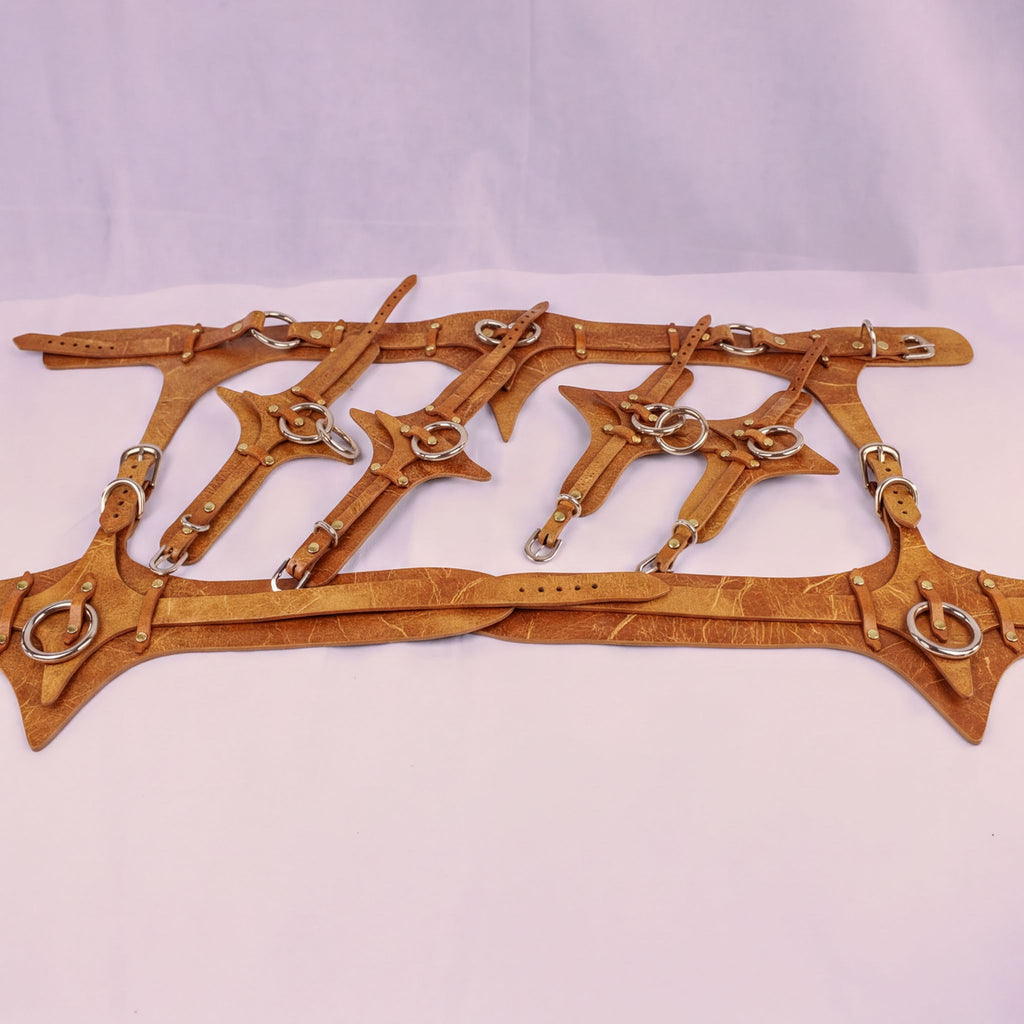 a collection of leather straps or belts, some of which appear to be made of a shiny material. The straps are arranged in a way that they overlap each other, creating a layered effect. The image does not contain any text or specific details about the objects, and it does not depict any actions or movements.