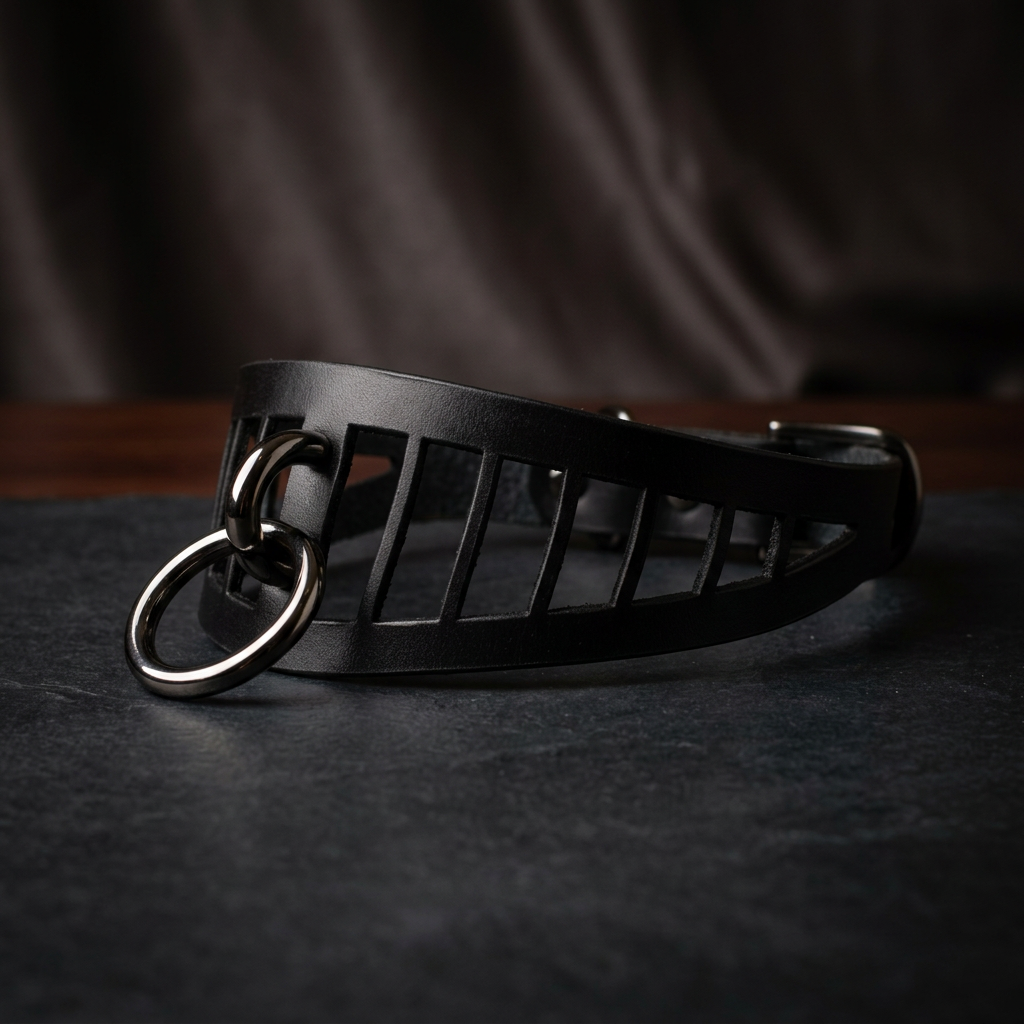 A black leather choker necklace with a metal ring and a cutout design on the front.