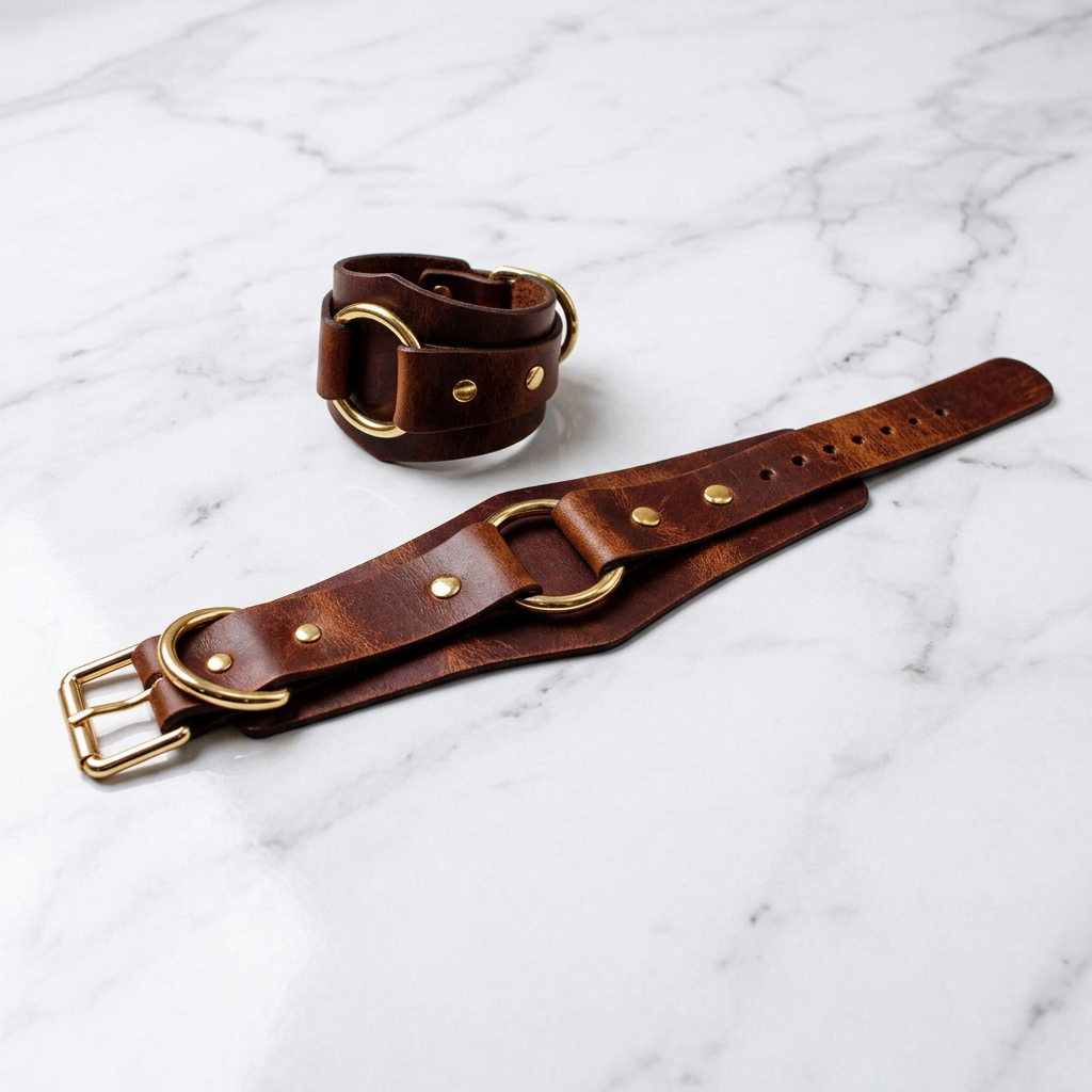 a brown leather strap with gold-colored buckles and a gold-colored buckle, resting on a marble surface.