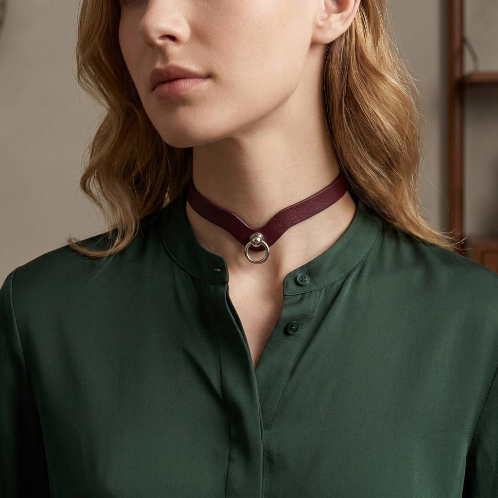 A woman wearing a burgundy choker necklace with a silver ring on it, paired with a green blouse.