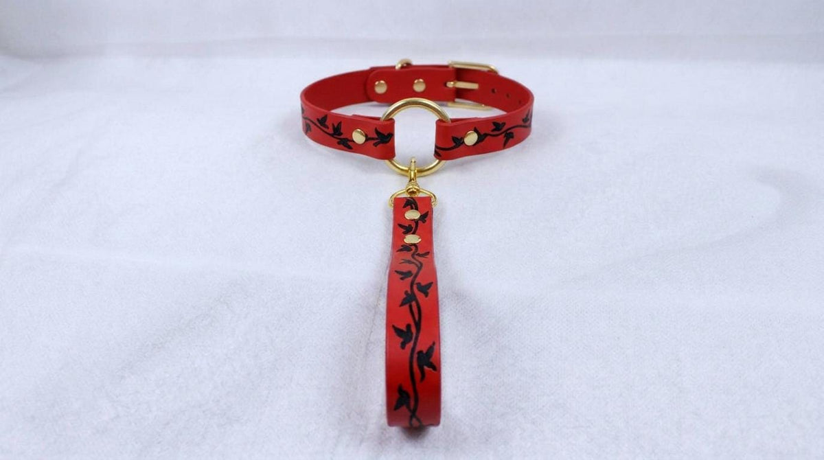 A red collar with a gold buckle and a black leaf design is displayed against a white background.