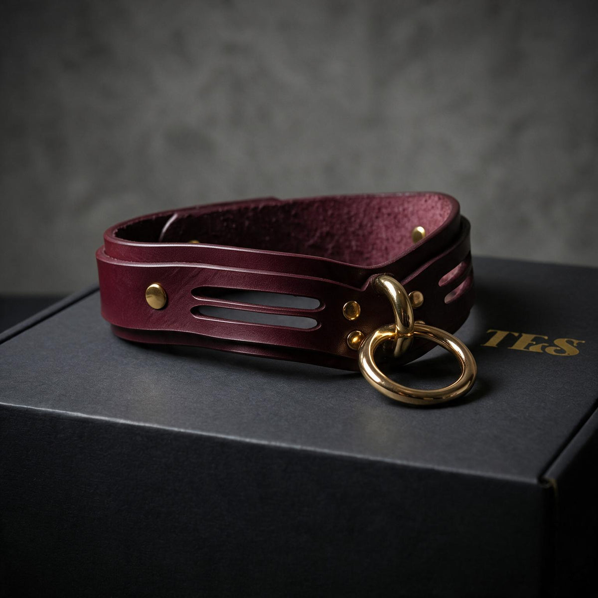 A burgundy leather choker necklace with a gold-colored metal ring and a gold-colored metal buckle is displayed on a black box.