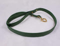 A green leather leash with a gold heart-shaped charm attached.