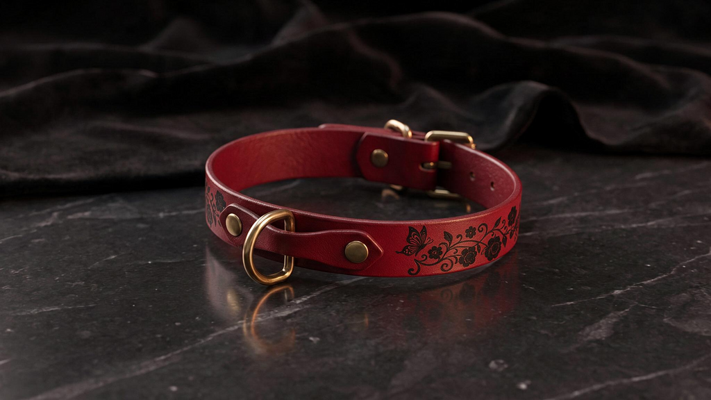A red leather collar with a floral design on it, placed on a dark surface.