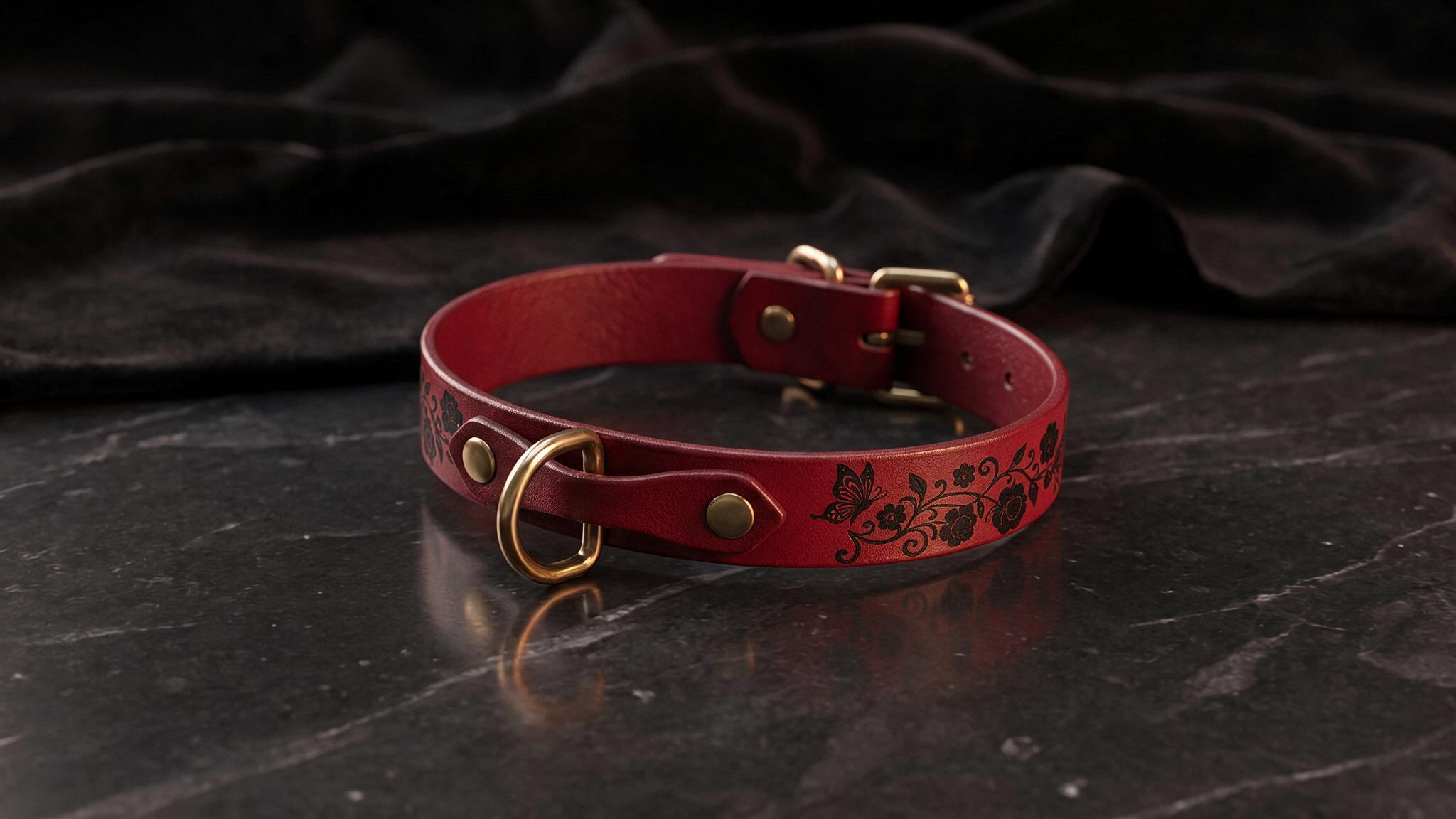 A red leather collar with a floral design on it, placed on a dark surface.