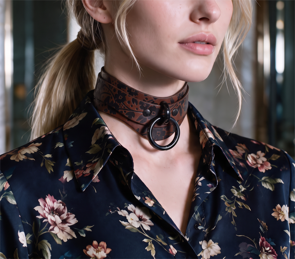A close-up of a woman wearing a floral print blouse with a choker necklace featuring a black ring.