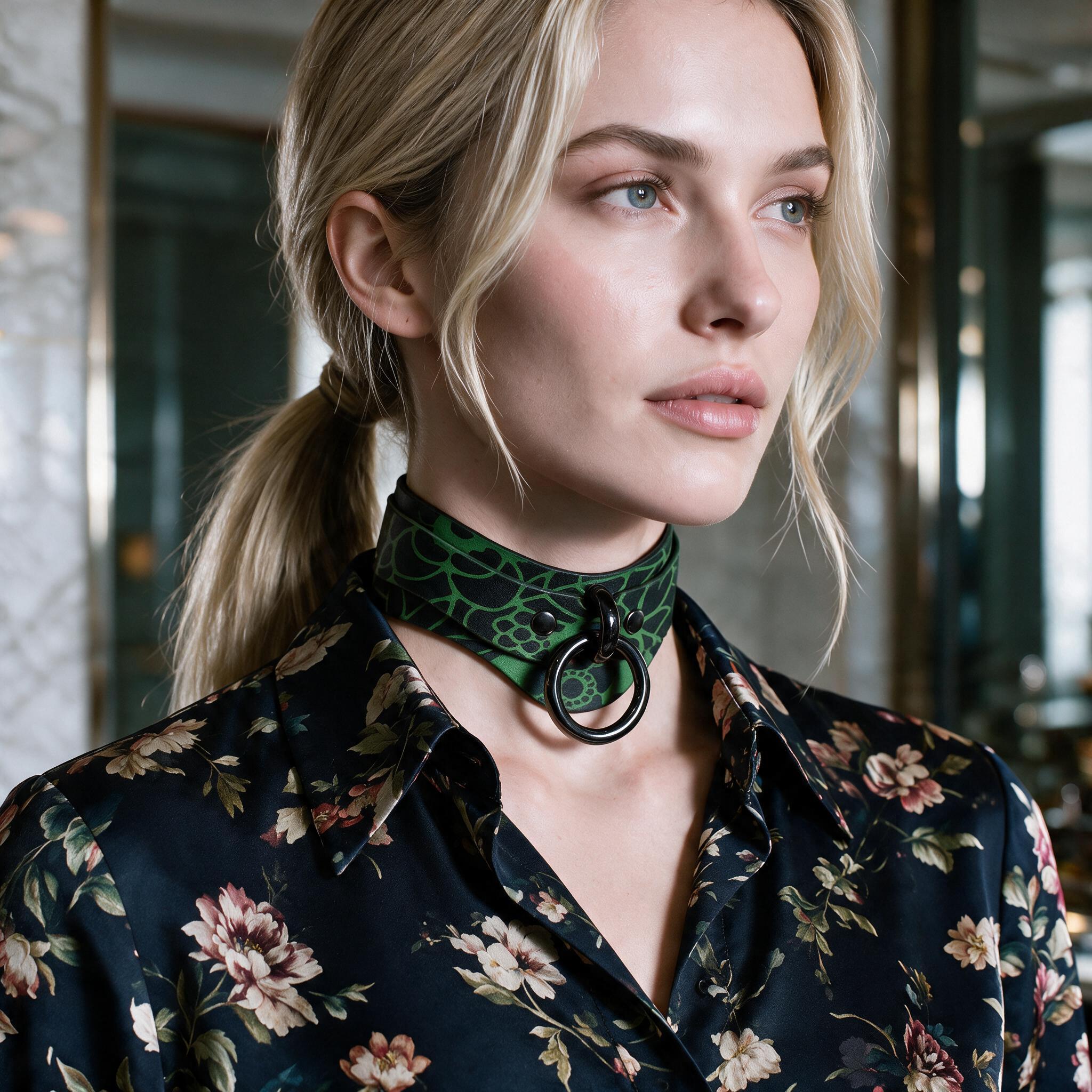 A woman with blonde hair wearing a floral print blouse and a green choker necklace with a black ring.