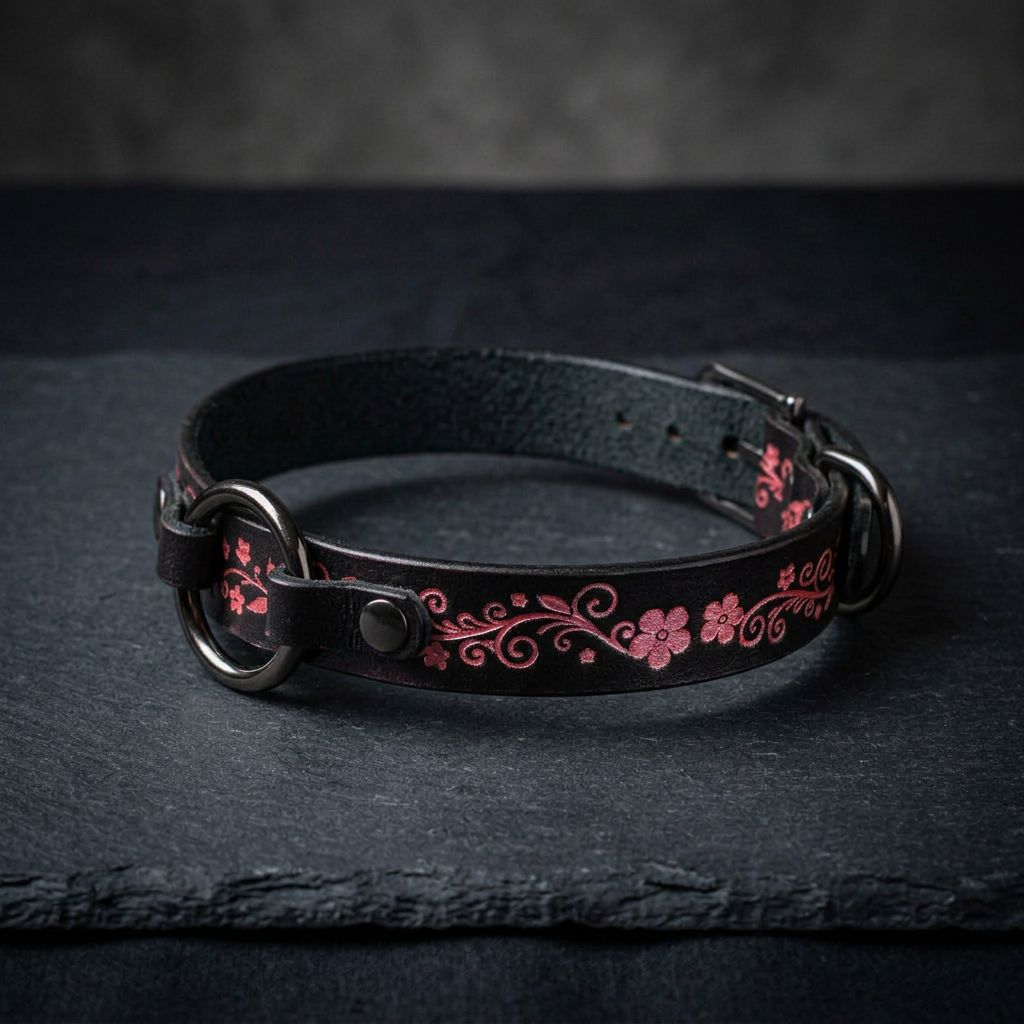 A black leather collar with a floral design on it, resting on a dark surface.