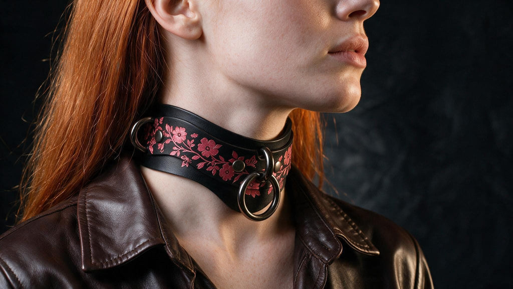 A close-up of a woman's neck and chest wearing a black choker necklace with pink floral designs.
