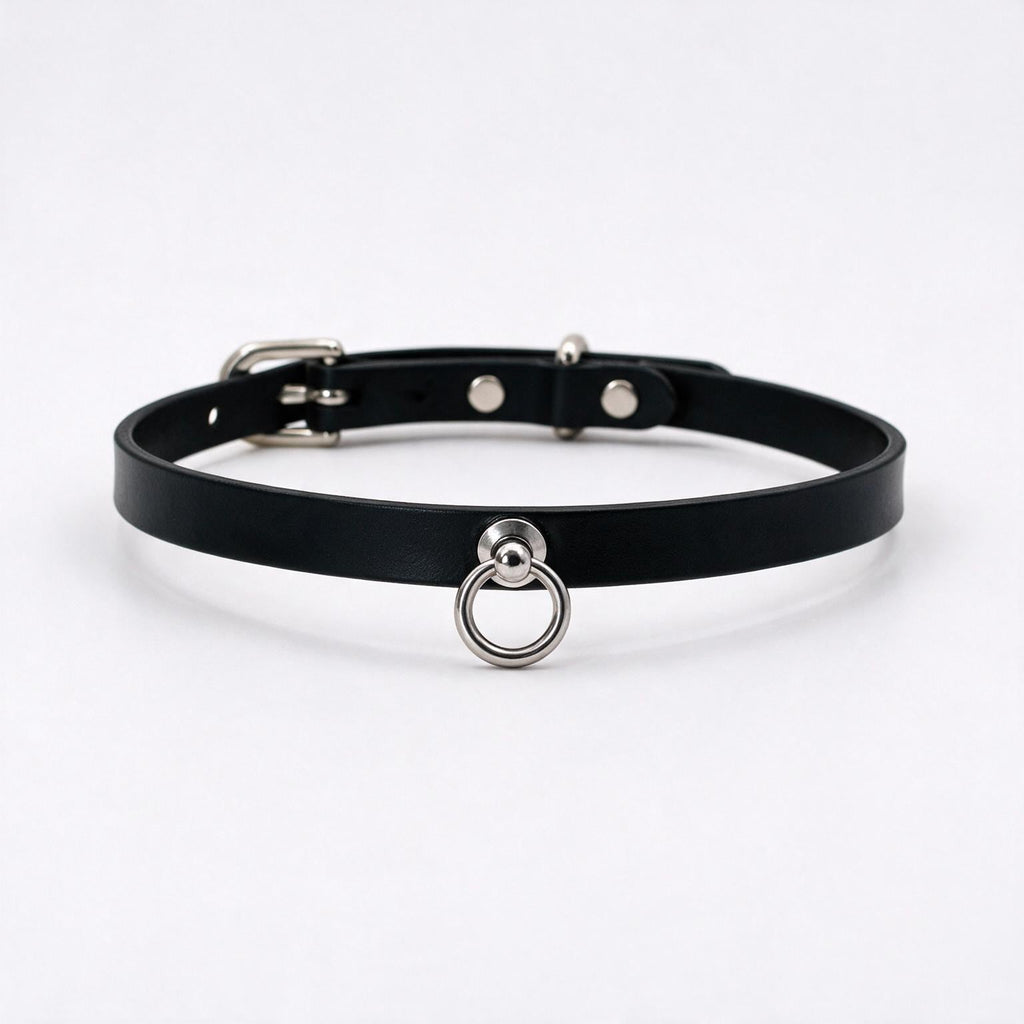 A black leather choker necklace with a metal ring and buckle.