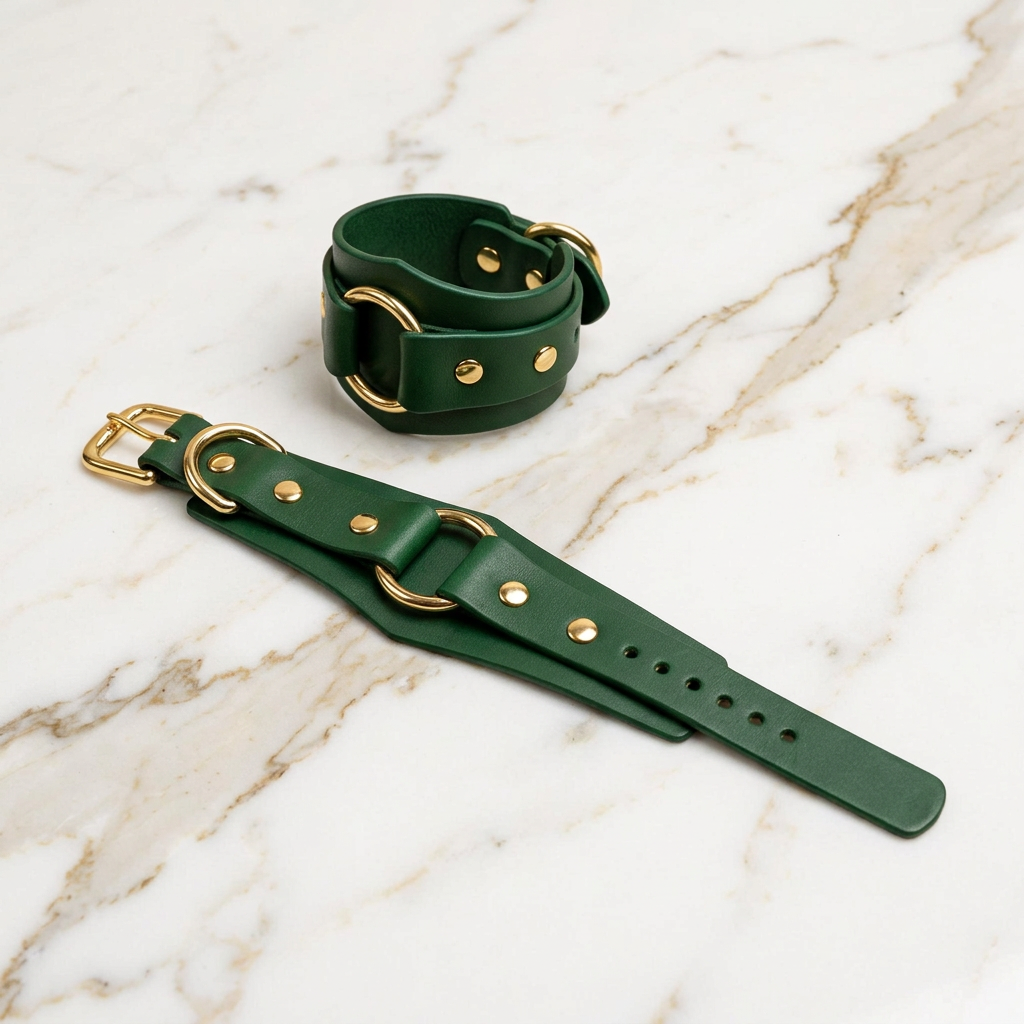 a pair of green leather bracelets with gold-colored metal studs, resting on a marble surface.