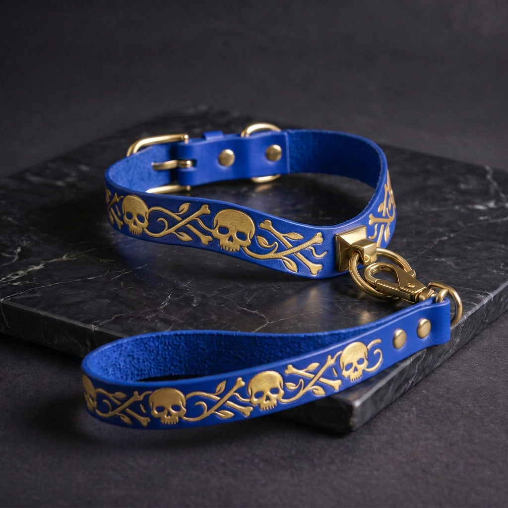A blue leather dog collar with gold skull and bone designs, and a matching blue leash with a gold hook attached, both resting on a black surface.