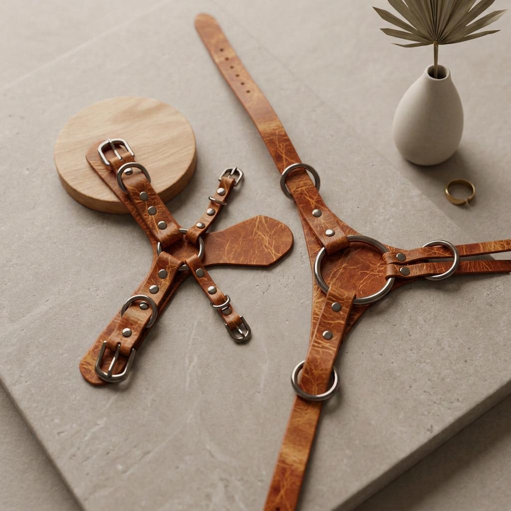 a collection of leather straps and a vase with a plant, arranged on a gray surface.