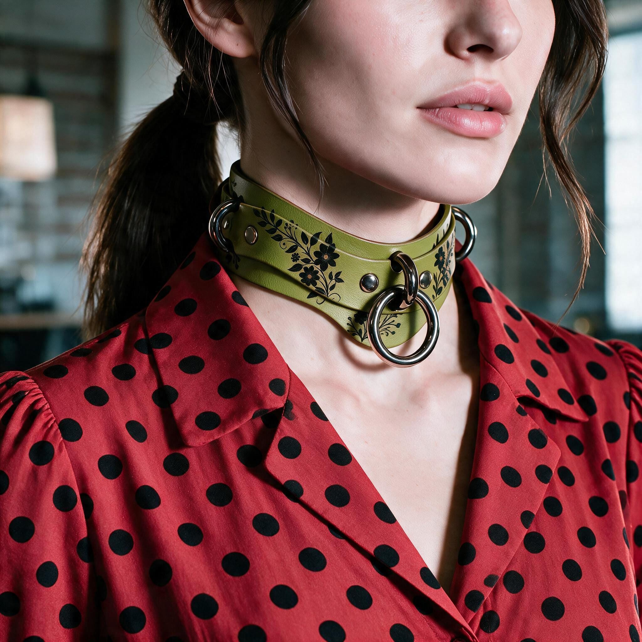 A close-up of a woman wearing a green choker necklace with floral designs and metal rings, paired with a red polka dot blouse.