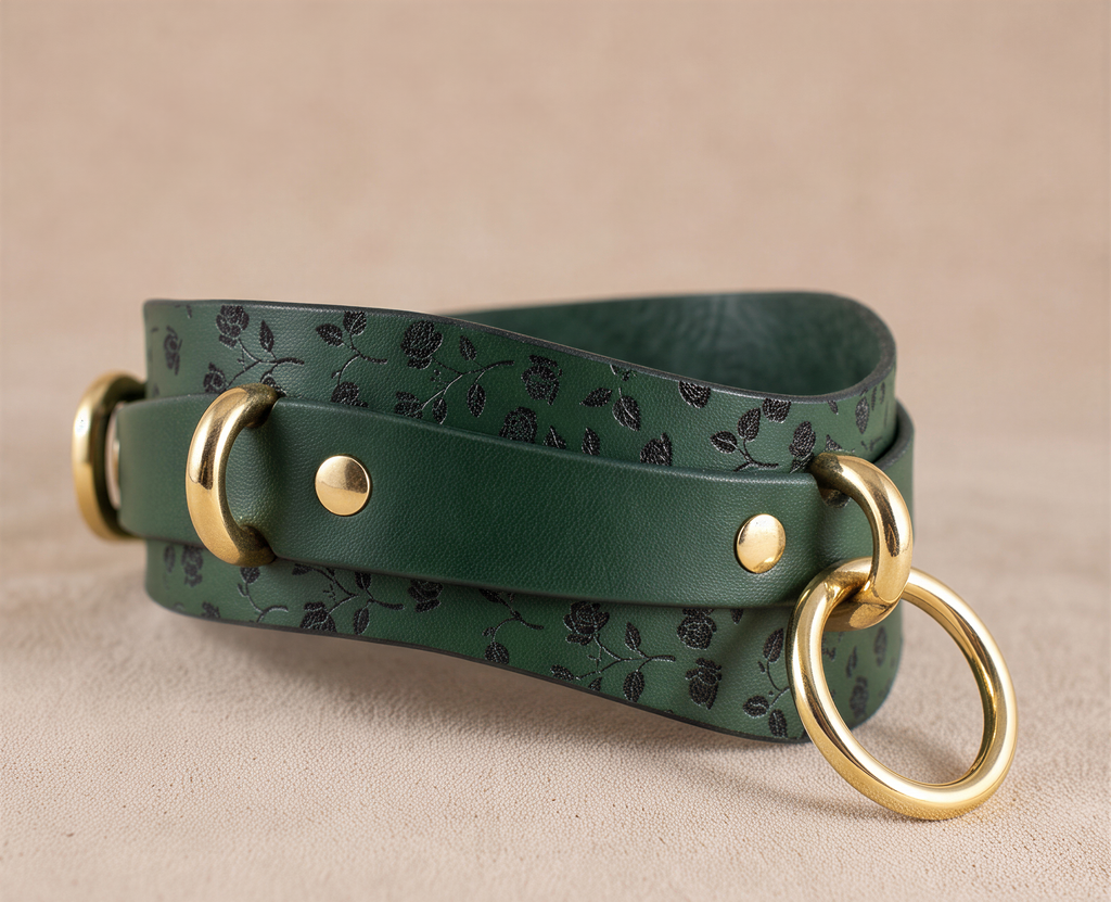A green leather strap with a floral pattern and two gold-colored metal rings on the ends, resting on a beige surface.