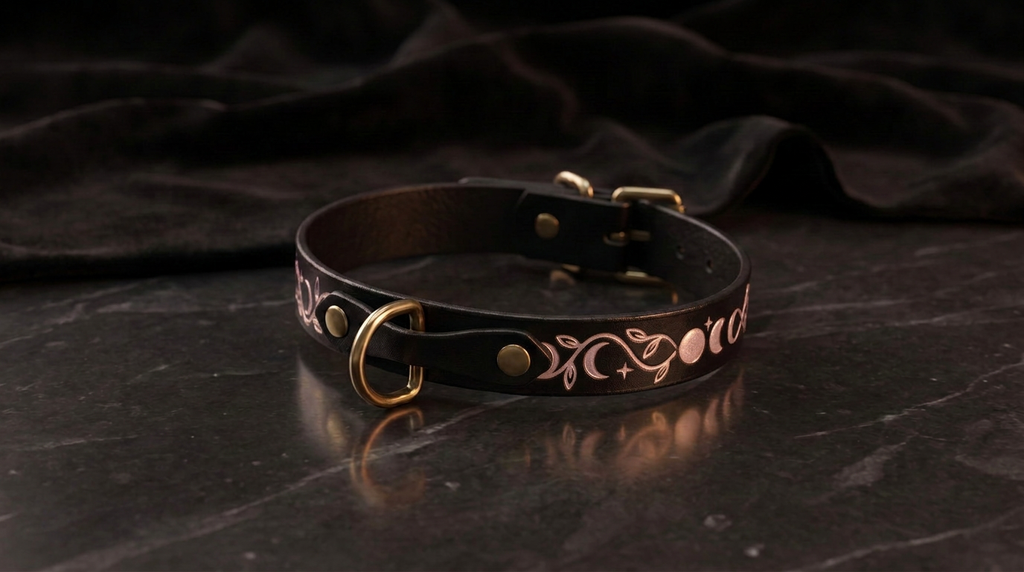A black leather collar with a decorative metal buckle and a floral pattern on the strap, resting on a dark surface.