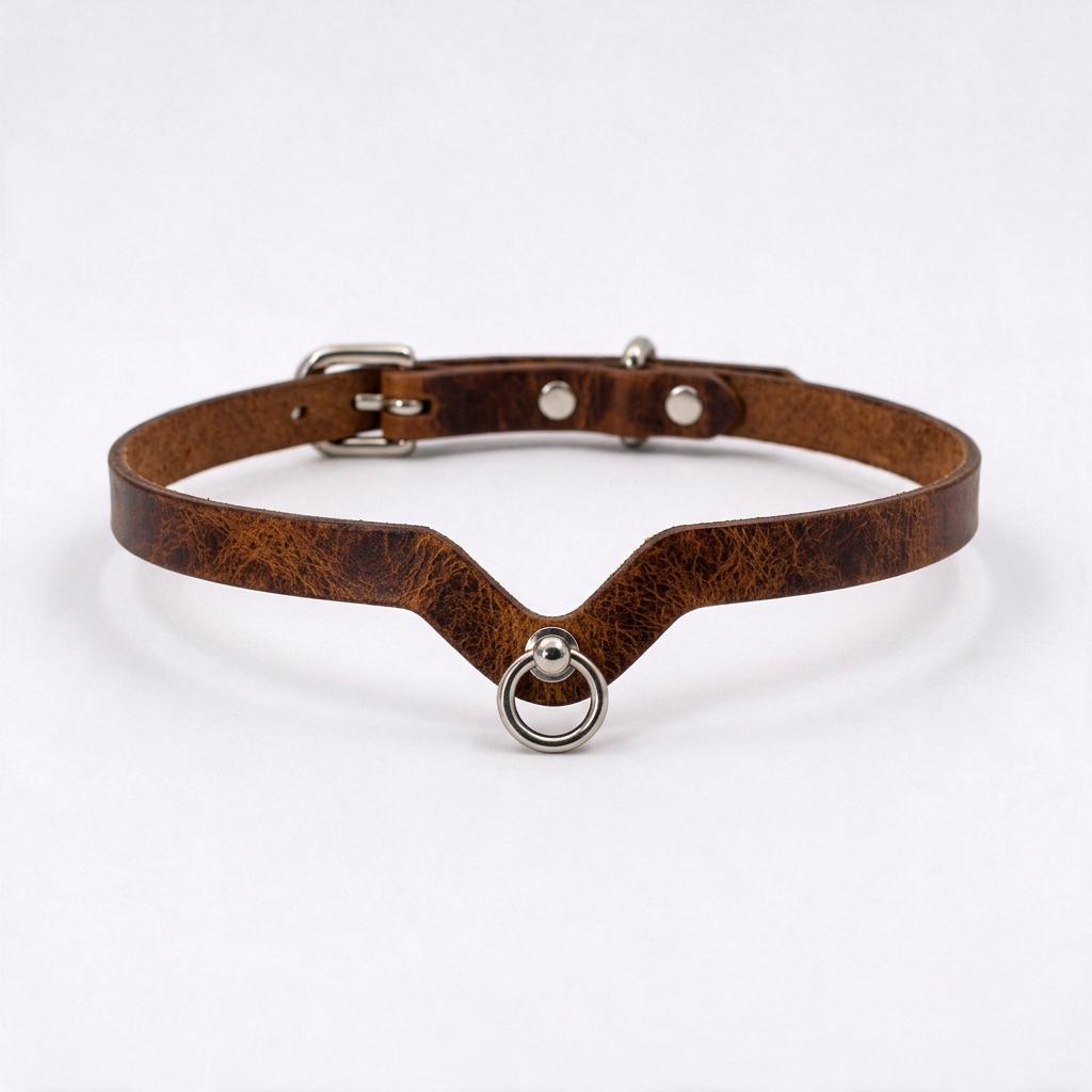 A brown leather choker necklace with a metal ring and buckle.