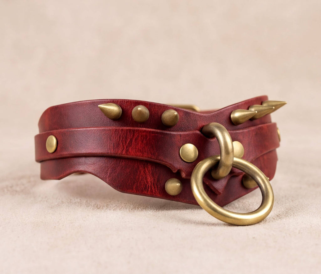 A red leather collar with metal studs and a metal ring attached to it.