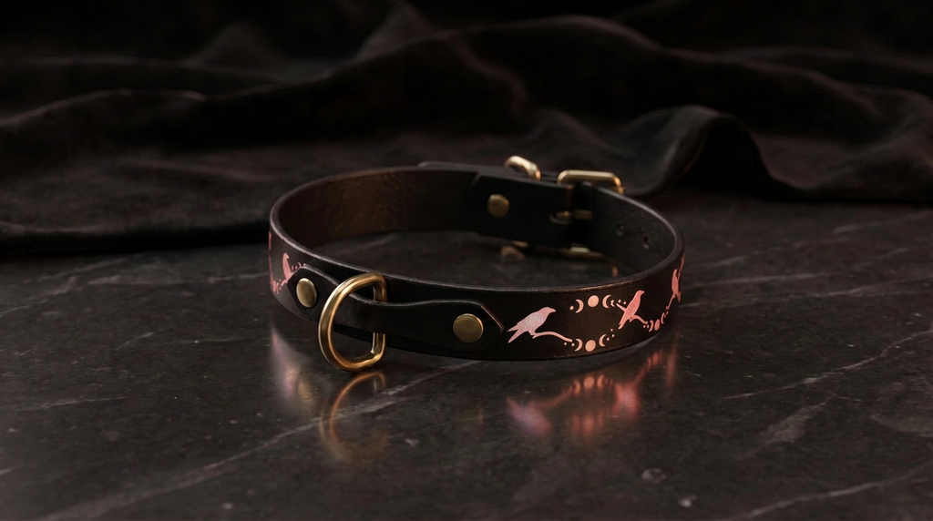 A black leather collar with a pink and white bird design on it, resting on a dark surface.