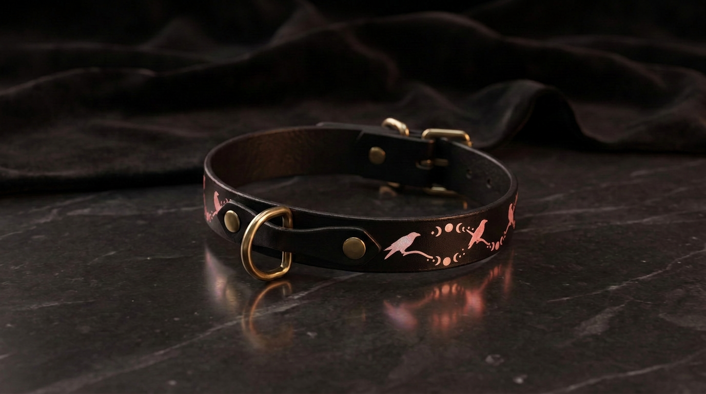 A black leather collar with a pink and white bird design on it, resting on a dark surface.