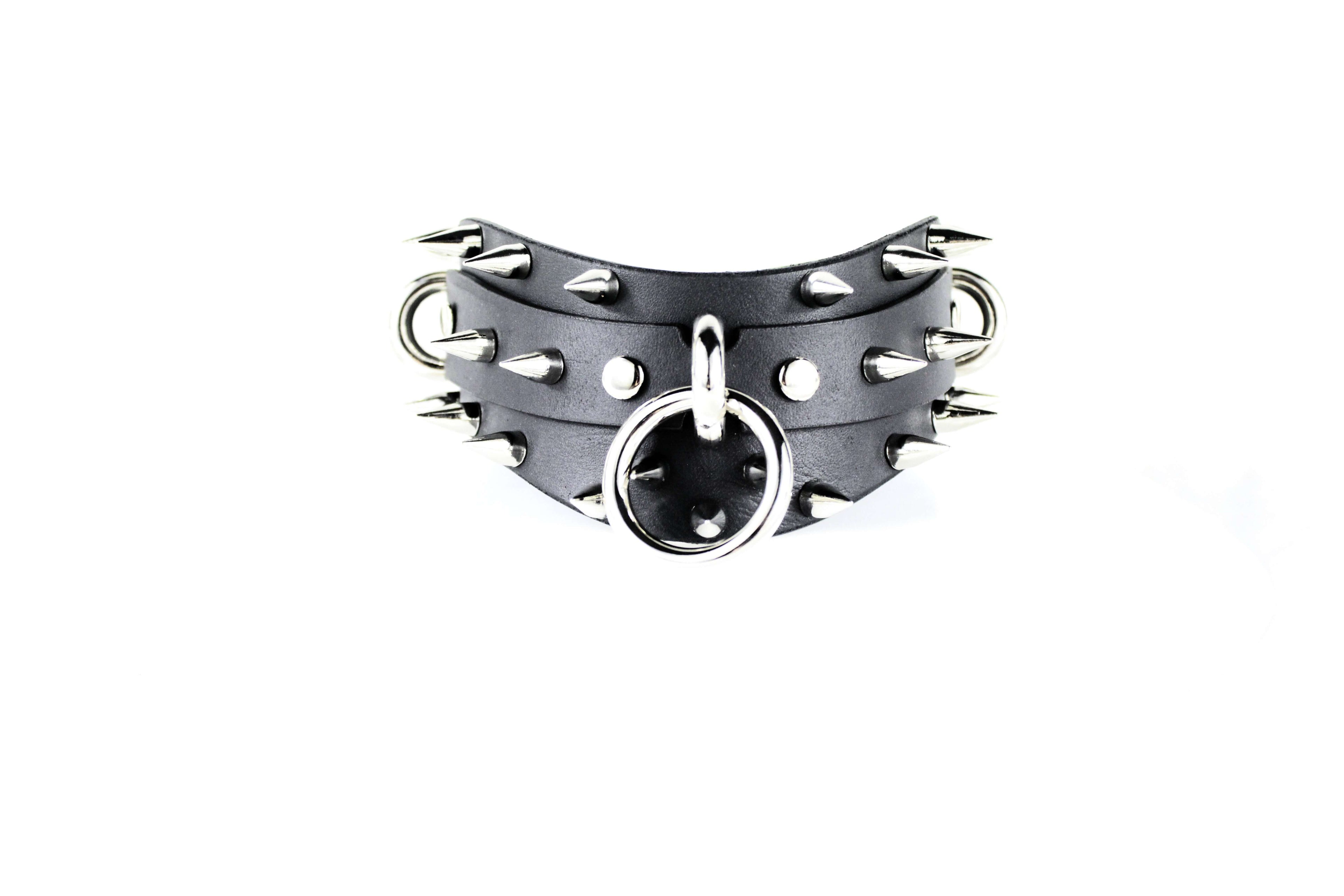 Spiked BDSM Collar featuring polished silver spikes and black leather, perfect for gothic style and BDSM fashion.