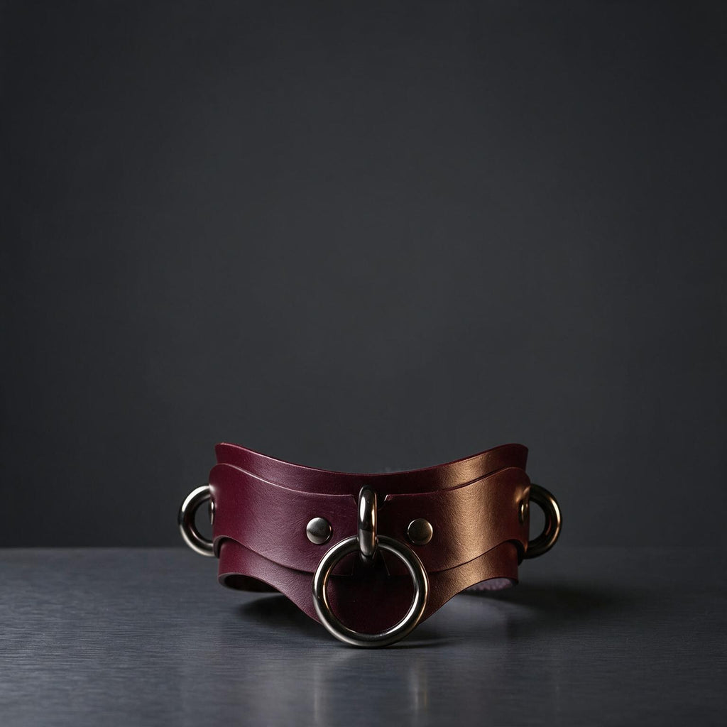 A burgundy leather choker necklace with metal rings and a metal clasp is displayed against a dark background.